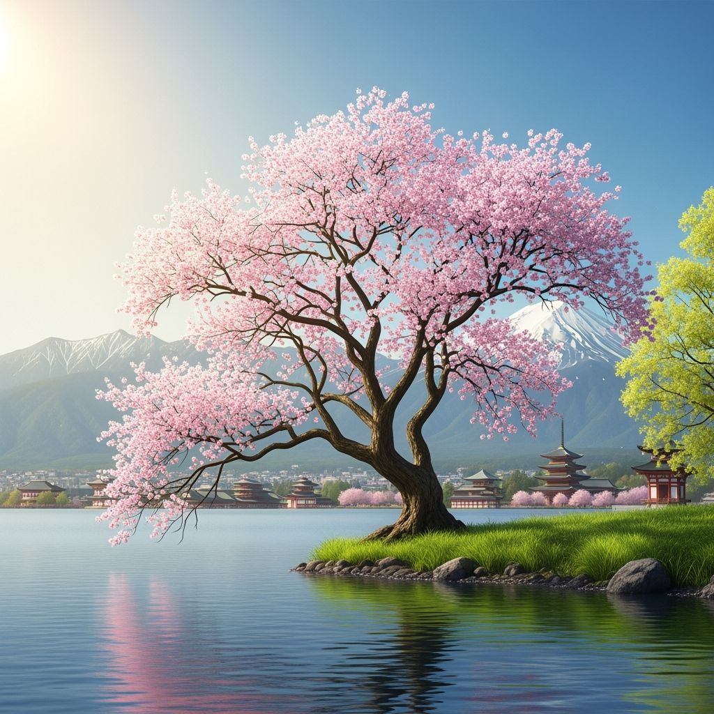 Sakura Tree by Lake with Mountains and Temples