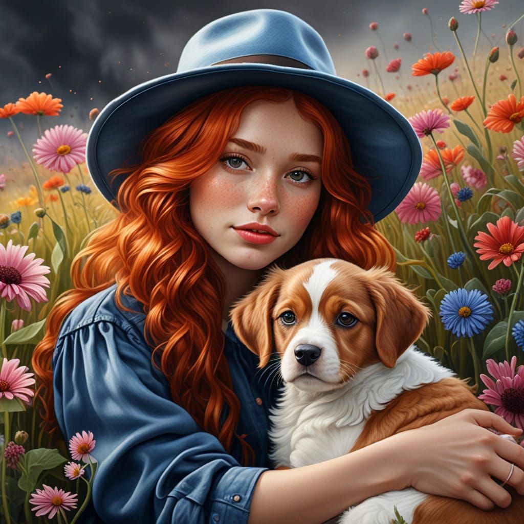 Girl with Puppy in Flower Field, Hyperrealistic Oil Painting