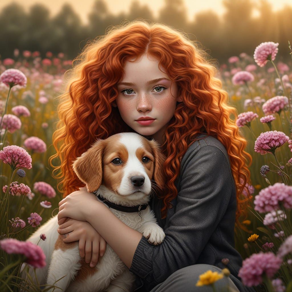 Girl with Puppy: Hyper-Realistic Digital Portrait