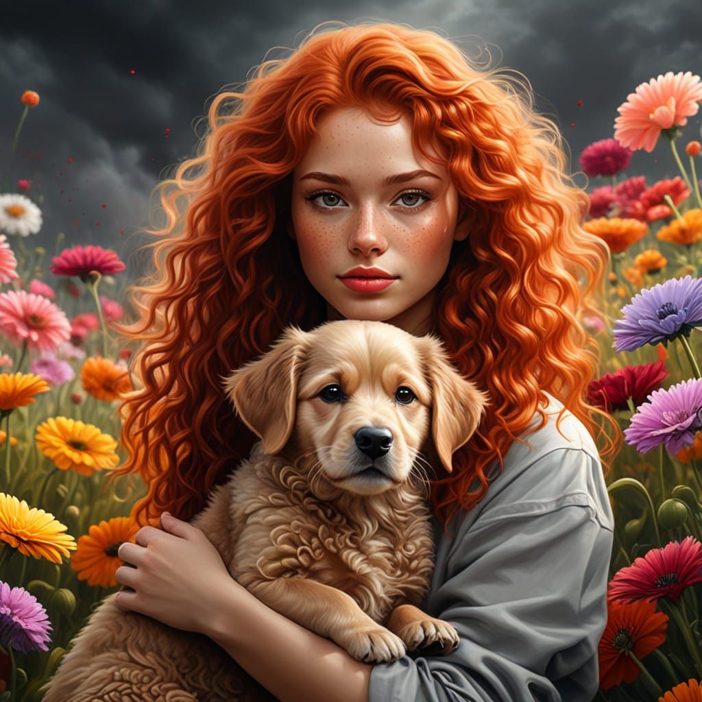 Girl with Puppy in Field, Hyper-Realistic Digital Art