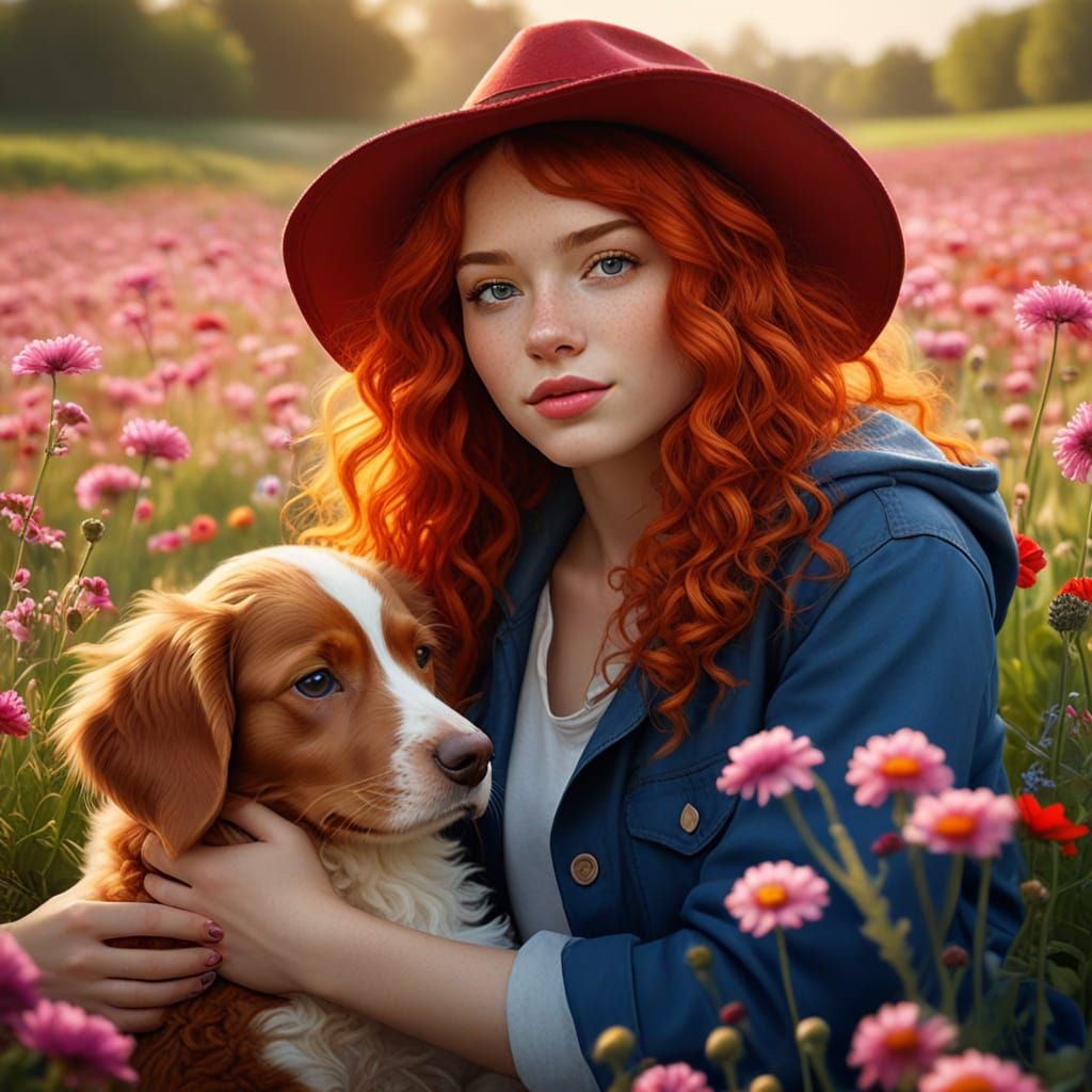Girl with Puppy in Flower Field: Hyperrealistic Portrait