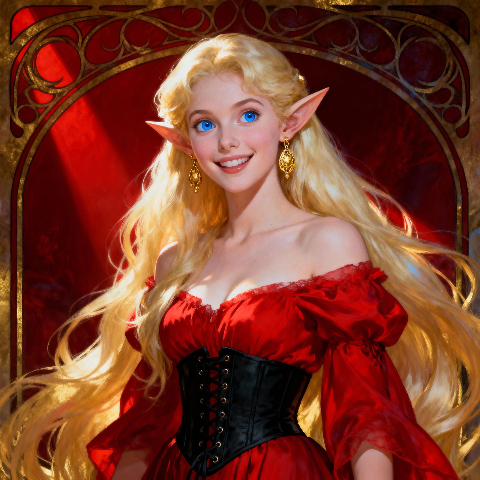 Elven Maiden in Red Dress, Hyperrealistic Fantasy Art