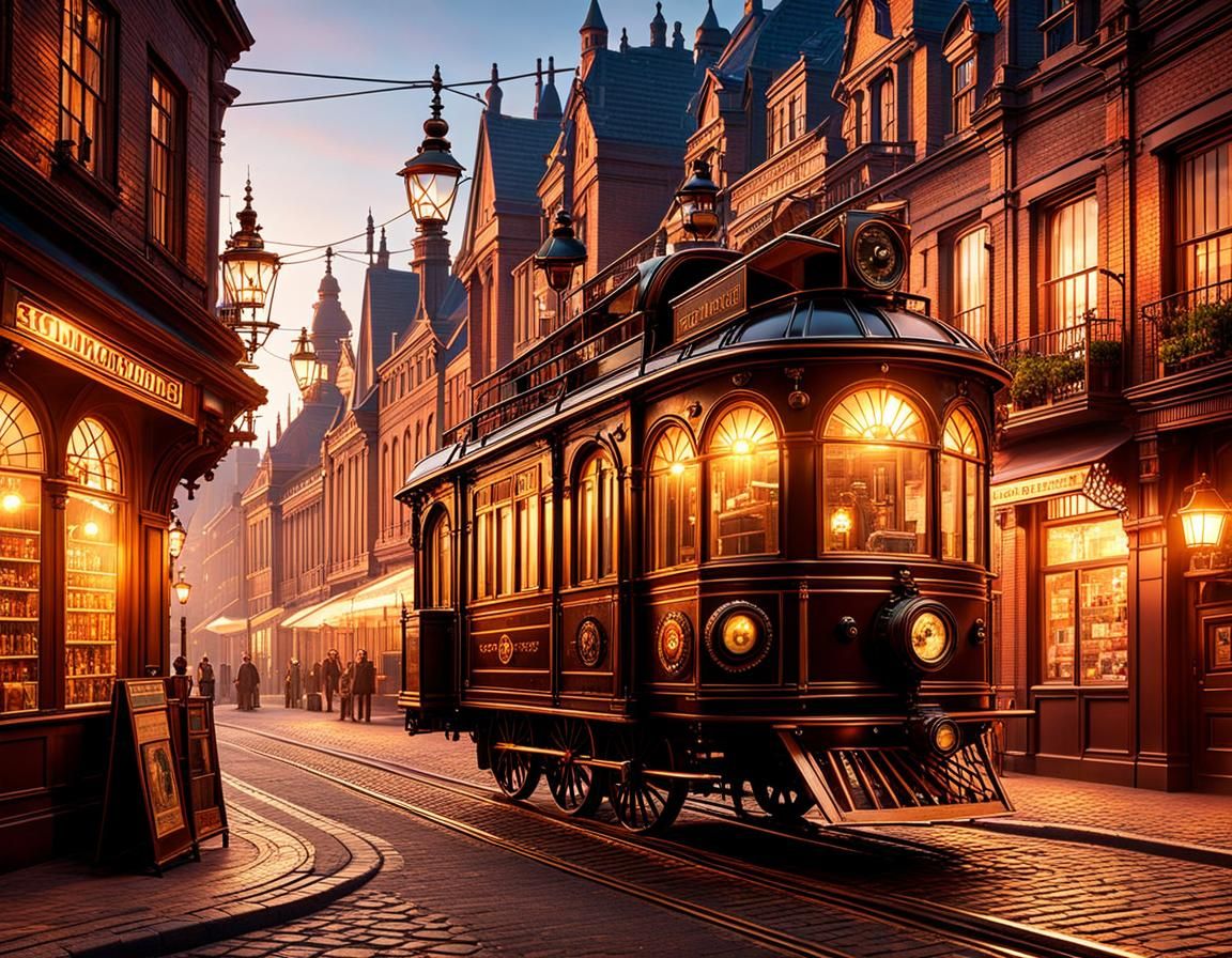 Steampunk Victorian City Street Scene in Gilded Age Aestheti...