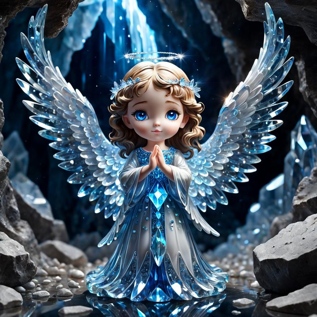 Crystal Angel with Glowing Eyes in a Cave