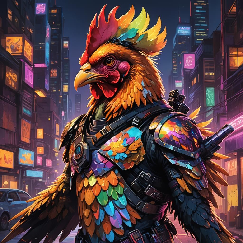 Rebel Chicken Defies Dystopian City with High-Tech Armor