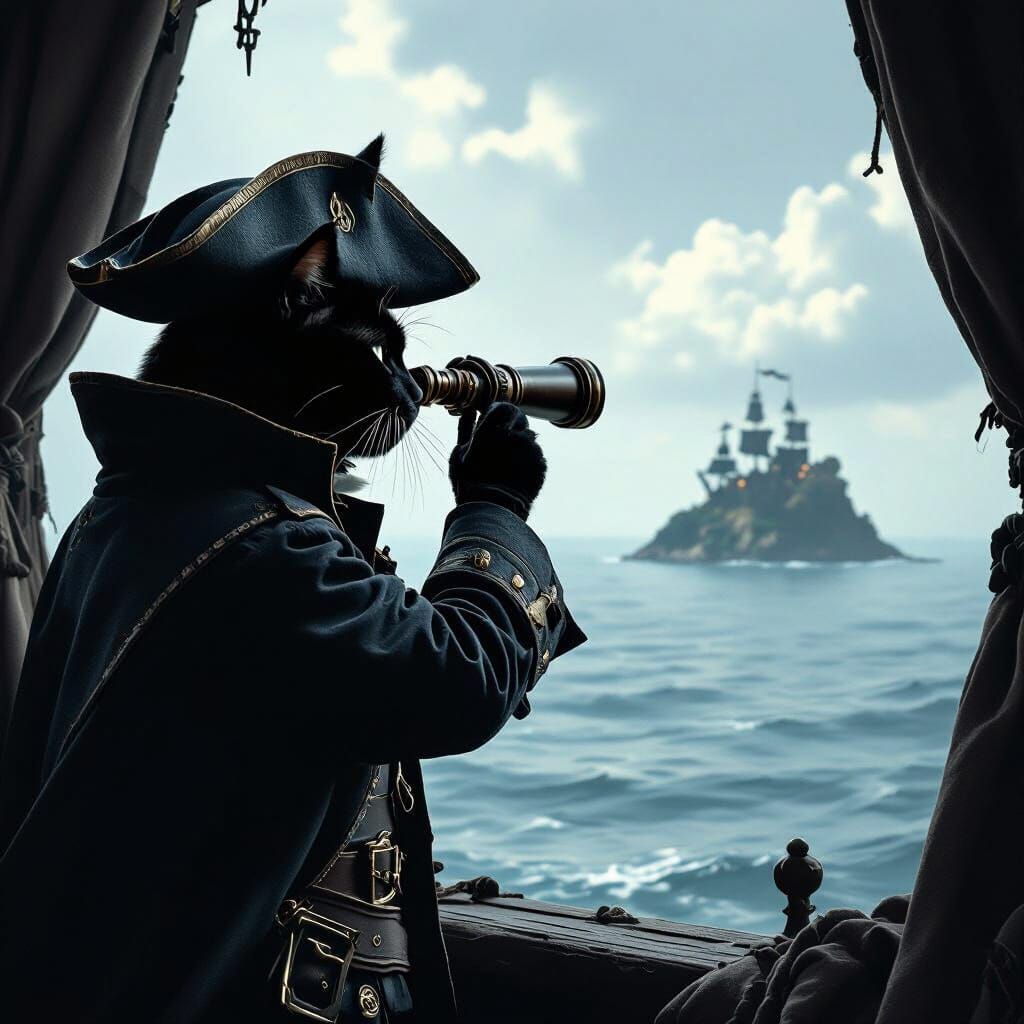 Pirate Cat Captain Gazing at Horizon: Dark Fantasy Style