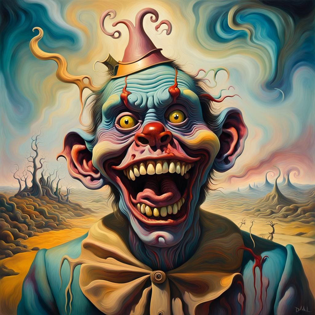 Surreal Farmer Grins Maniacally in Distorted Landscape