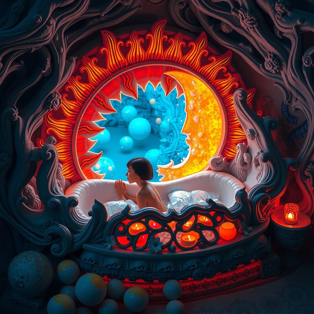 Ethereal Bathing Scene in a Dreamlike Celestial Bed