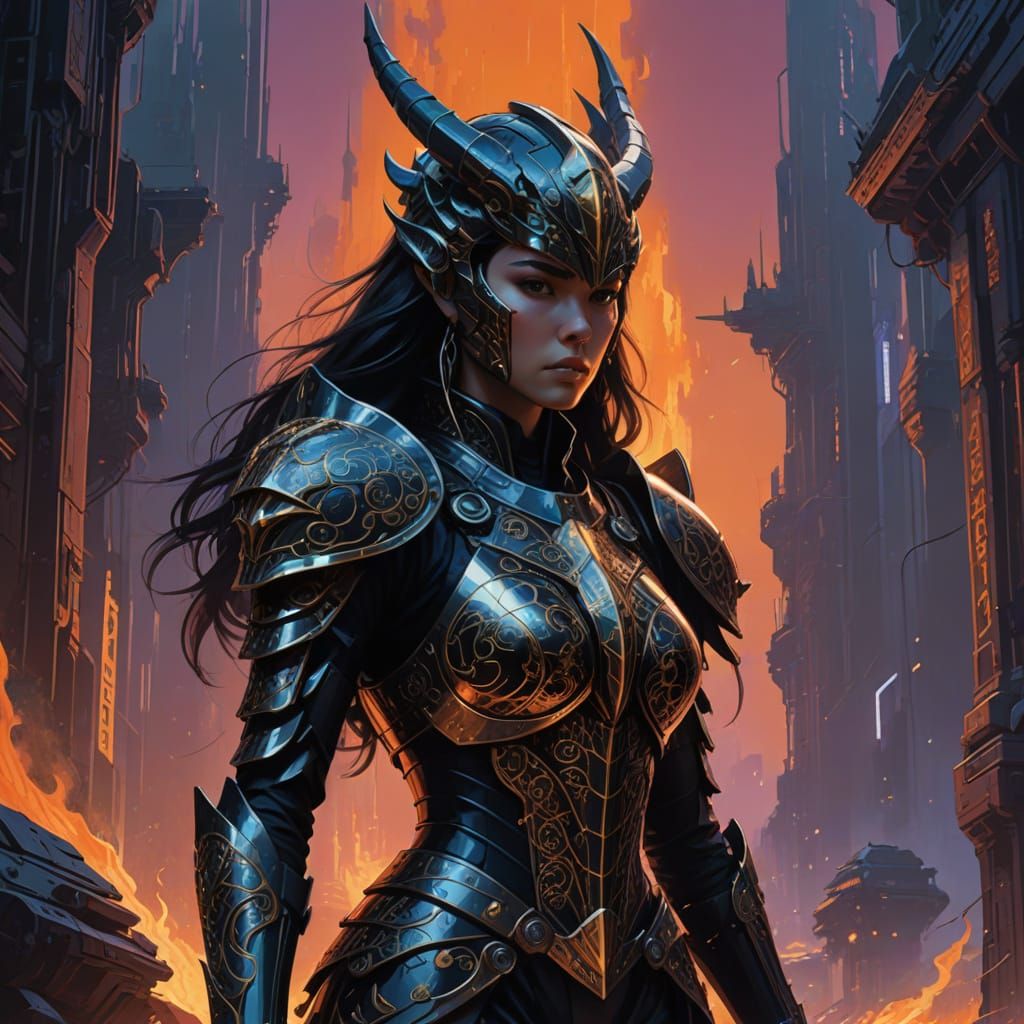 Gothic Warrior Woman Stands Tall Against Majestic Dragon