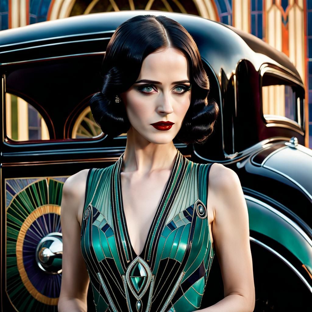 Eva Green wearing a 1920s dress, beautiful eyes, 2/3 face angle, dynamic pose, standing in front of a gothic automobile....