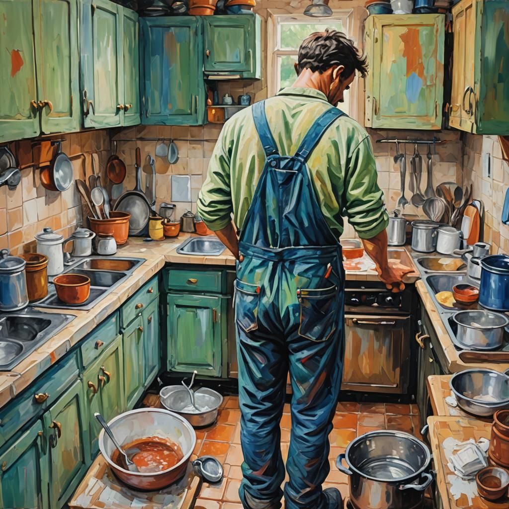 Man at the Sink in Neo-Impressionist Style