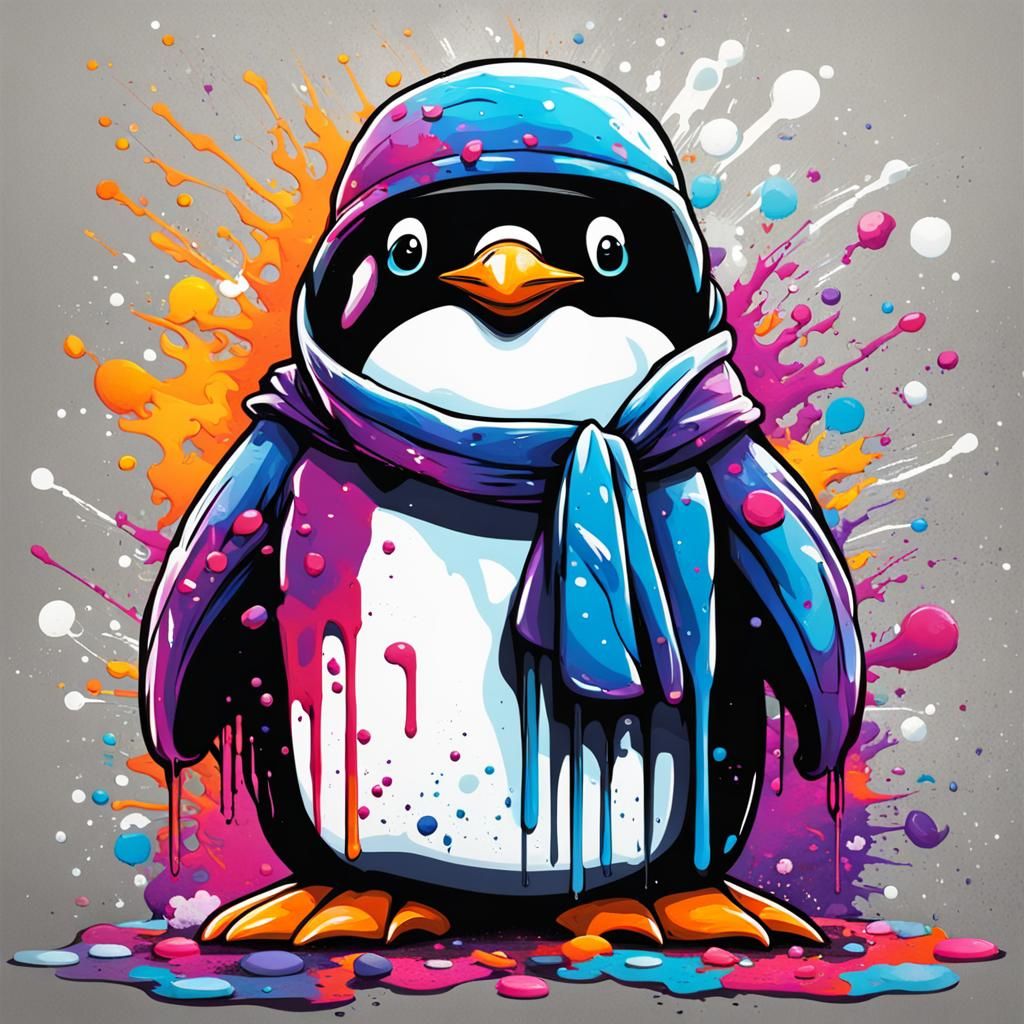 Graffiti Ninja Penguin in Vibrant Polychromatic Style