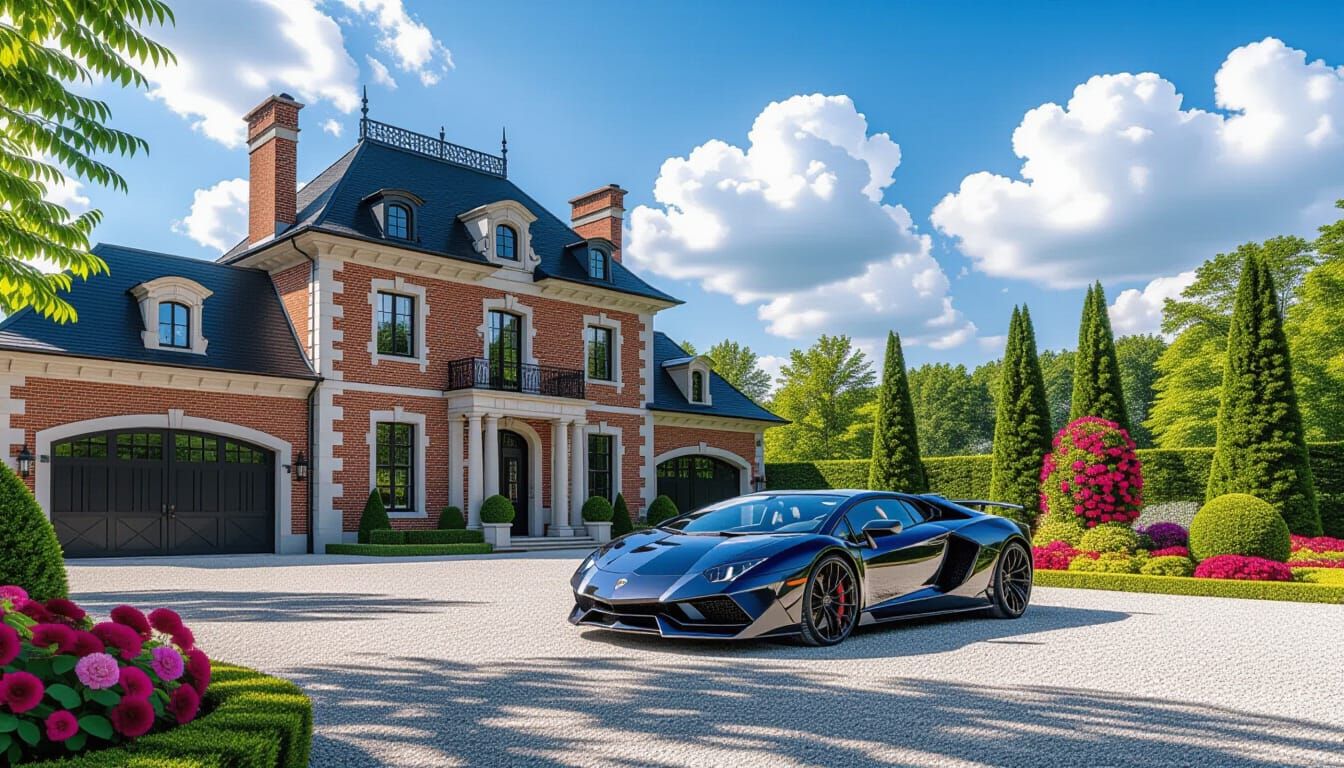 Grand Chateau and Lamborghini in Vibrant Garden