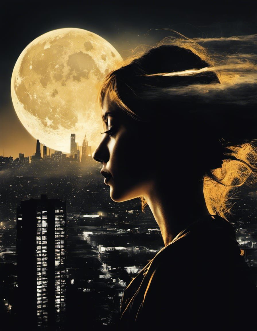 Surreal Portrait by Moonlight with Cityscape in the Distance