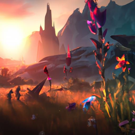 Surreal Sunrise Landscape with Fantastical Flowers in Vibran...