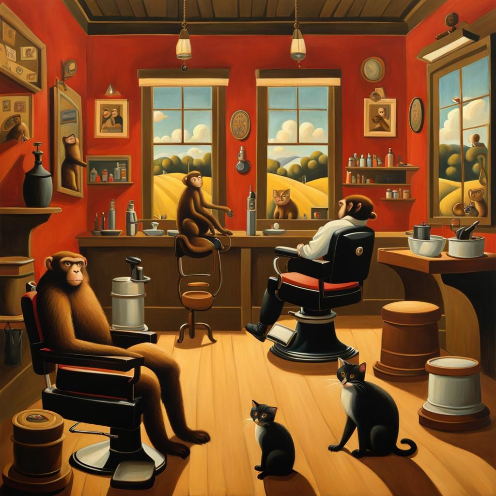 Grant Wood Inspired Barber Shop with Primates and Felines