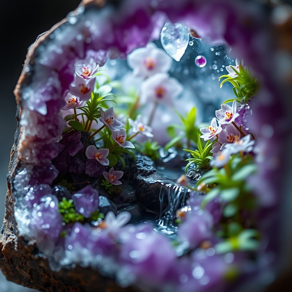 Miniature Jungle Inside Geode: Hyperrealistic Ecosystem