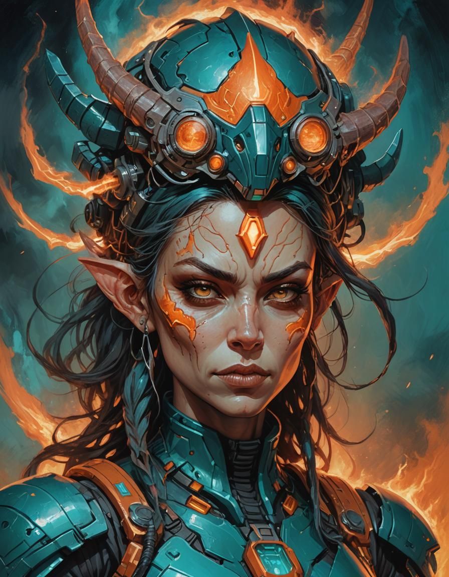 Gothic Solarpunk Plasma Huntress Reckons with Sunset Sky