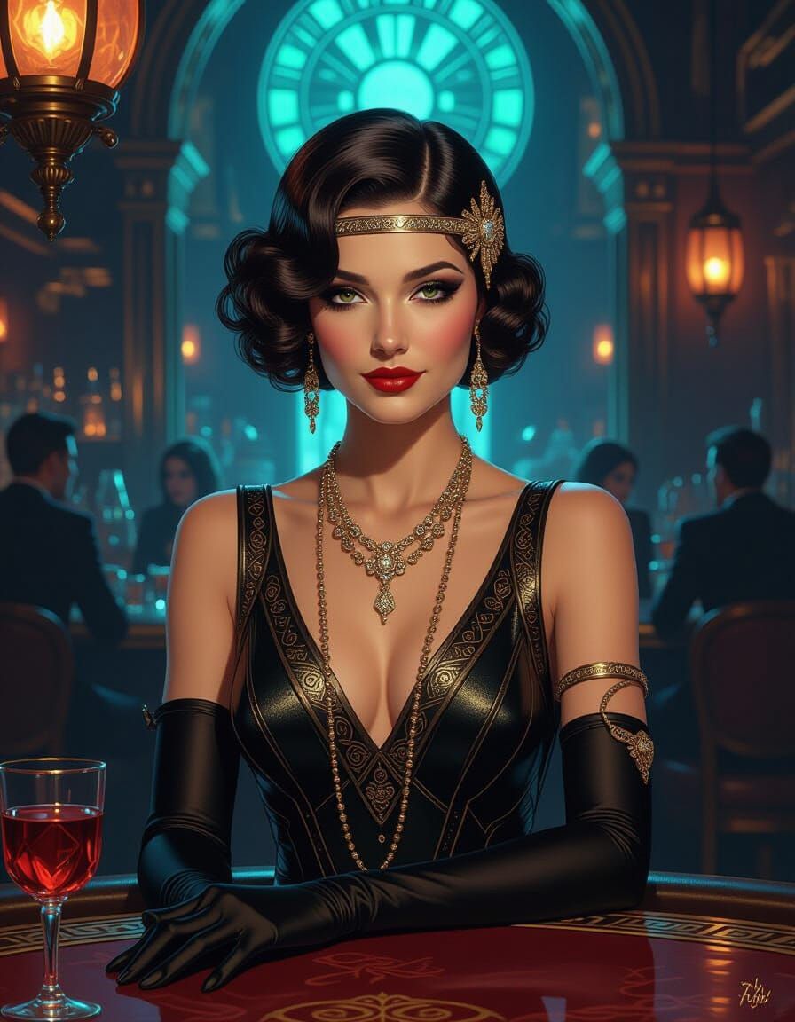 Elegant Woman in Retro-Futuristic Speakeasy Bar