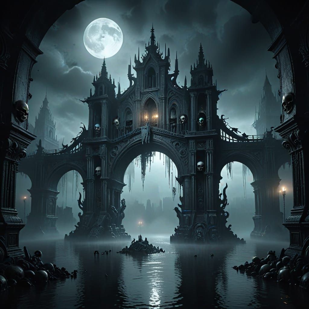 Ethereal Bridge of Bones Under a Haunting Full Moon