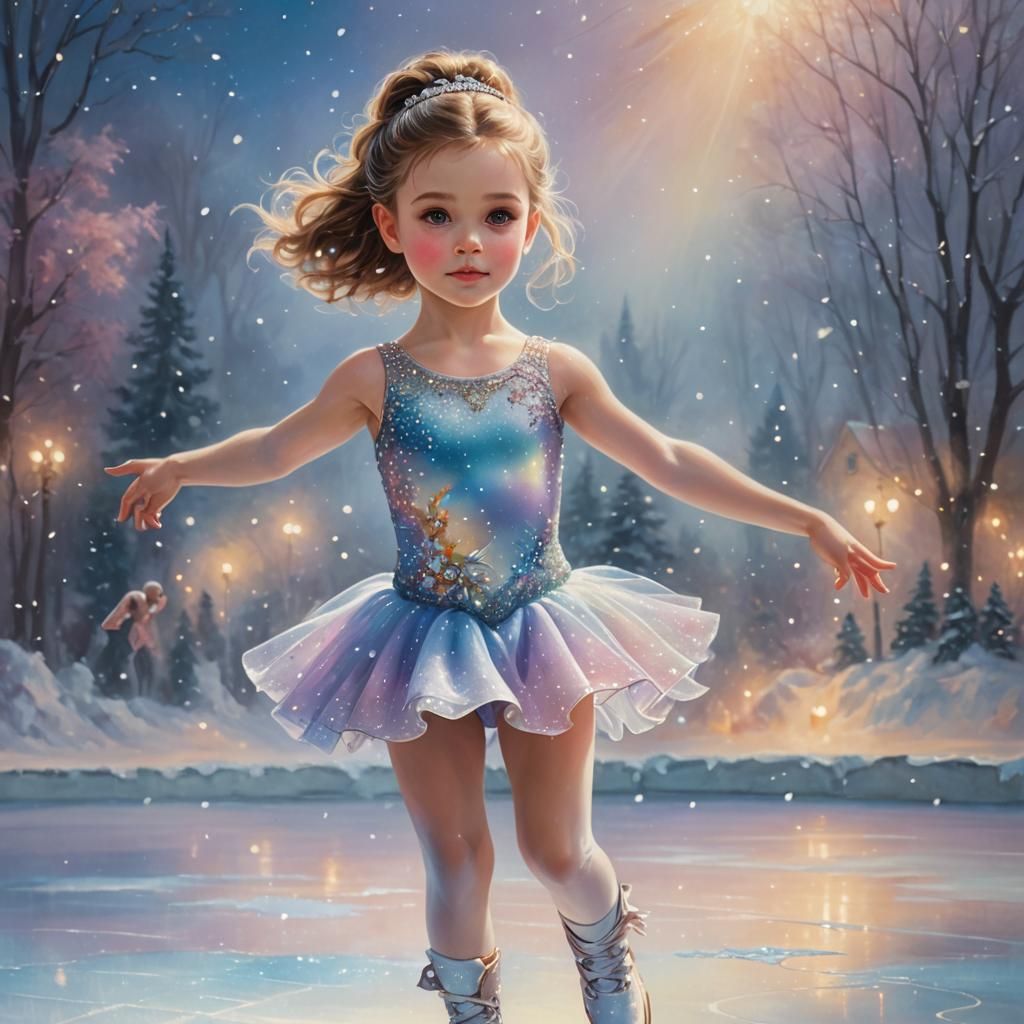 Little Girl in Sparkling Gymnastics Leotard on Ice
