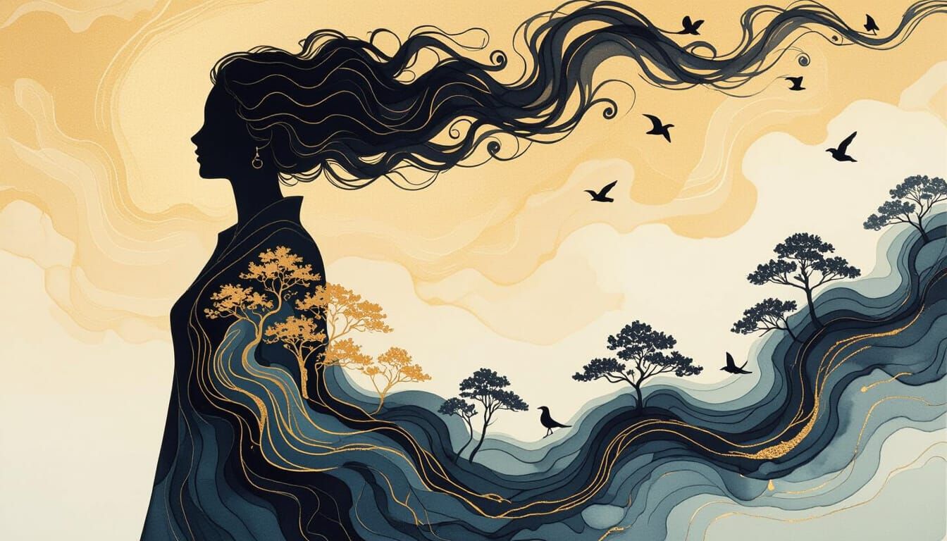 Ink Figure Under Liquid Gold Sky