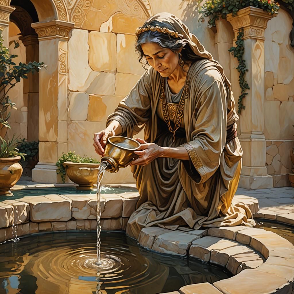 Ancient Jewish Woman in Jugendstil Elegance at the Fountain