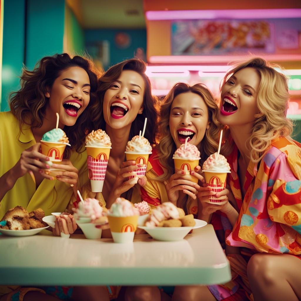 Four Women Enjoy Sundae Sleepover with Cinematic Joy