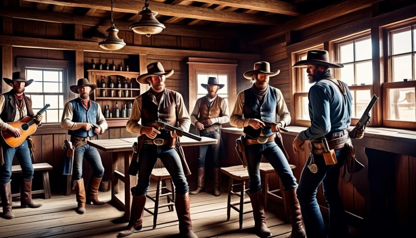 Cowboys having a shootout in a saloon