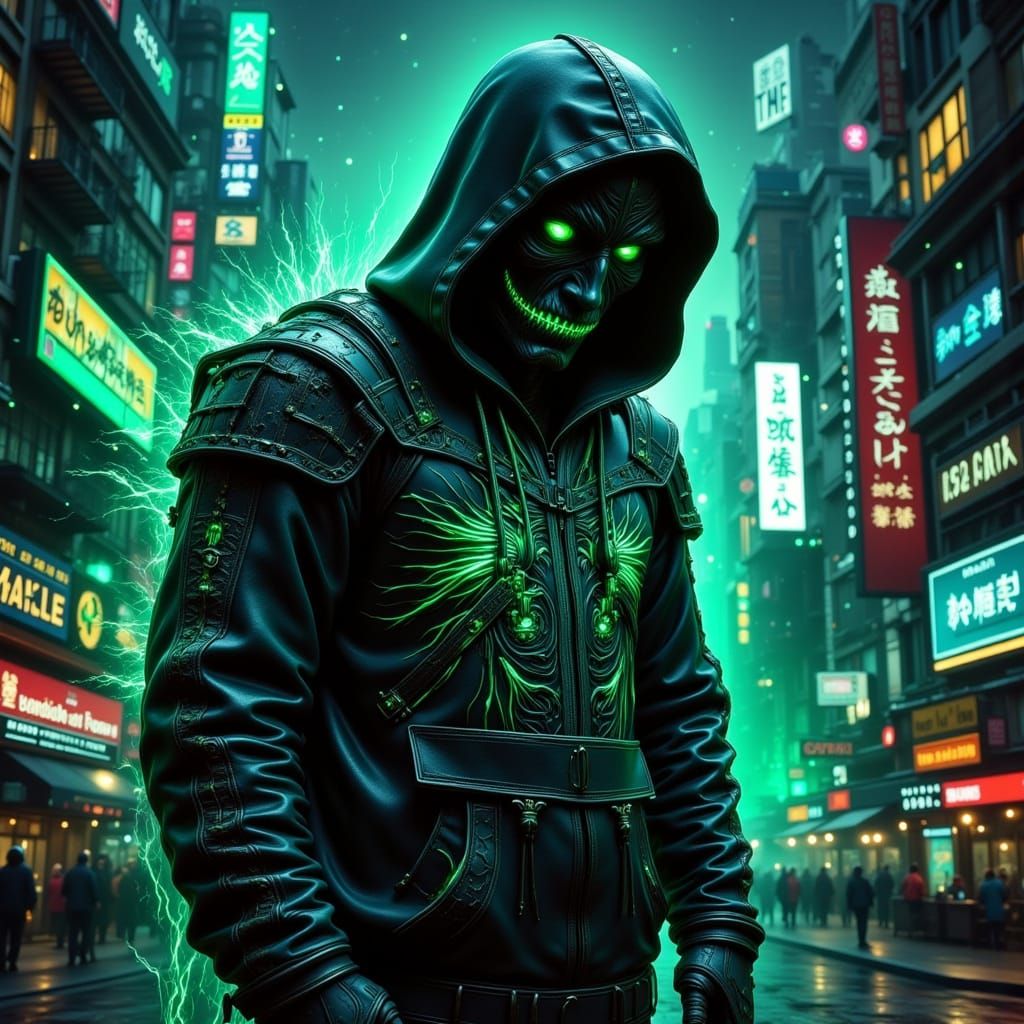 Digital Supervillain in Cyberpunk Neon Cityscape