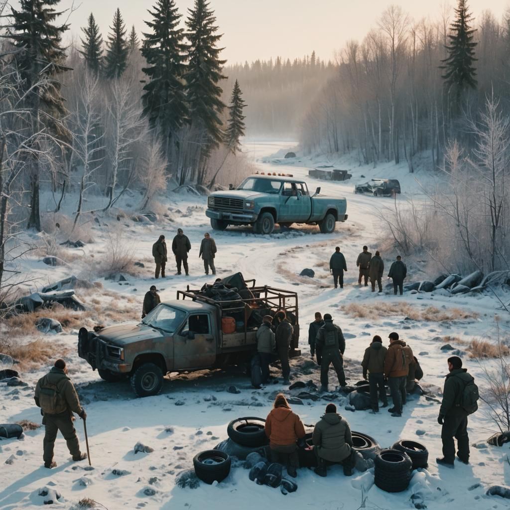 Survivalists Gather Around Truck in Desolate Winter Landscap...