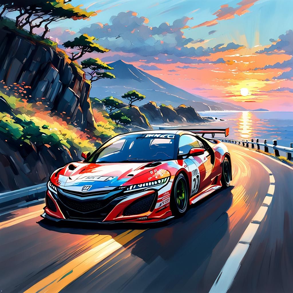 Epic Gouache-Style NSX Dragsters Speeding Down Japanese Coas...