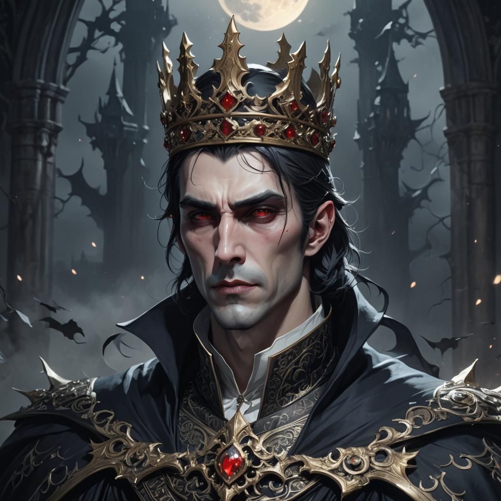 Dark Gothic Prince in Ornate Crown and Flowing Cape