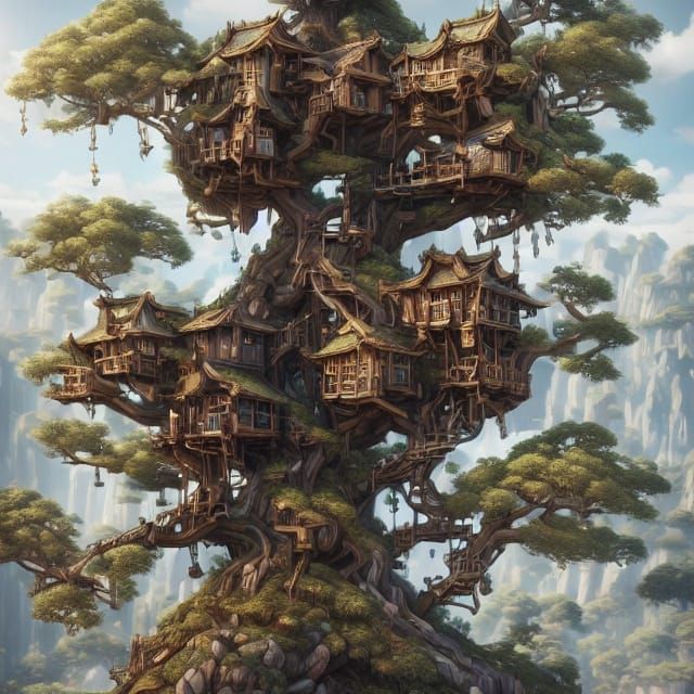 Luxury Treehouse in Lush Landscape, Modern Organic Style