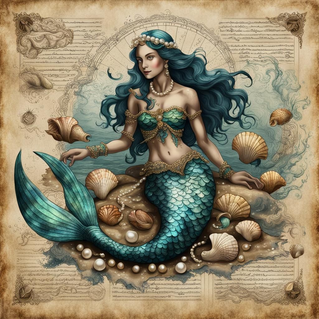 Fantastical Mermaid on Vintage Parchment