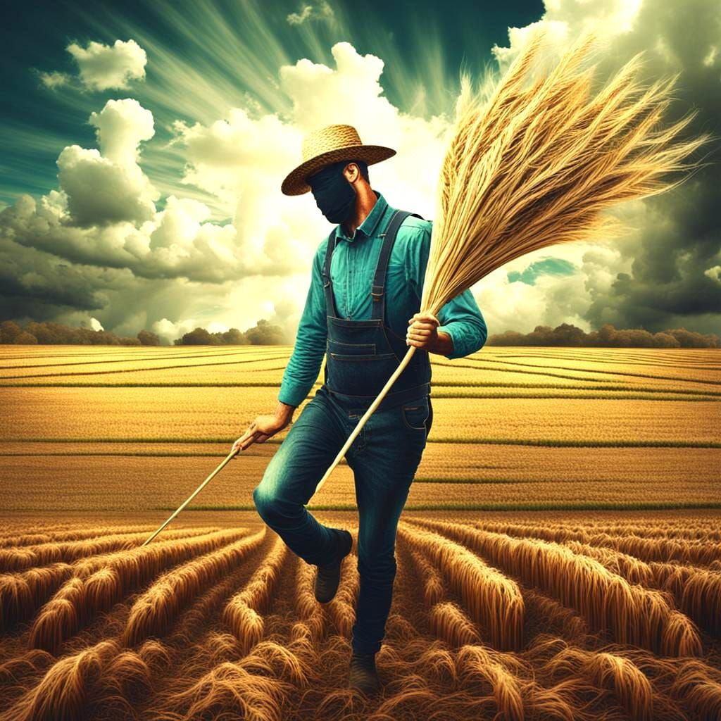 Farmer in Surrealistic Landscape of Vibrant Landscapes