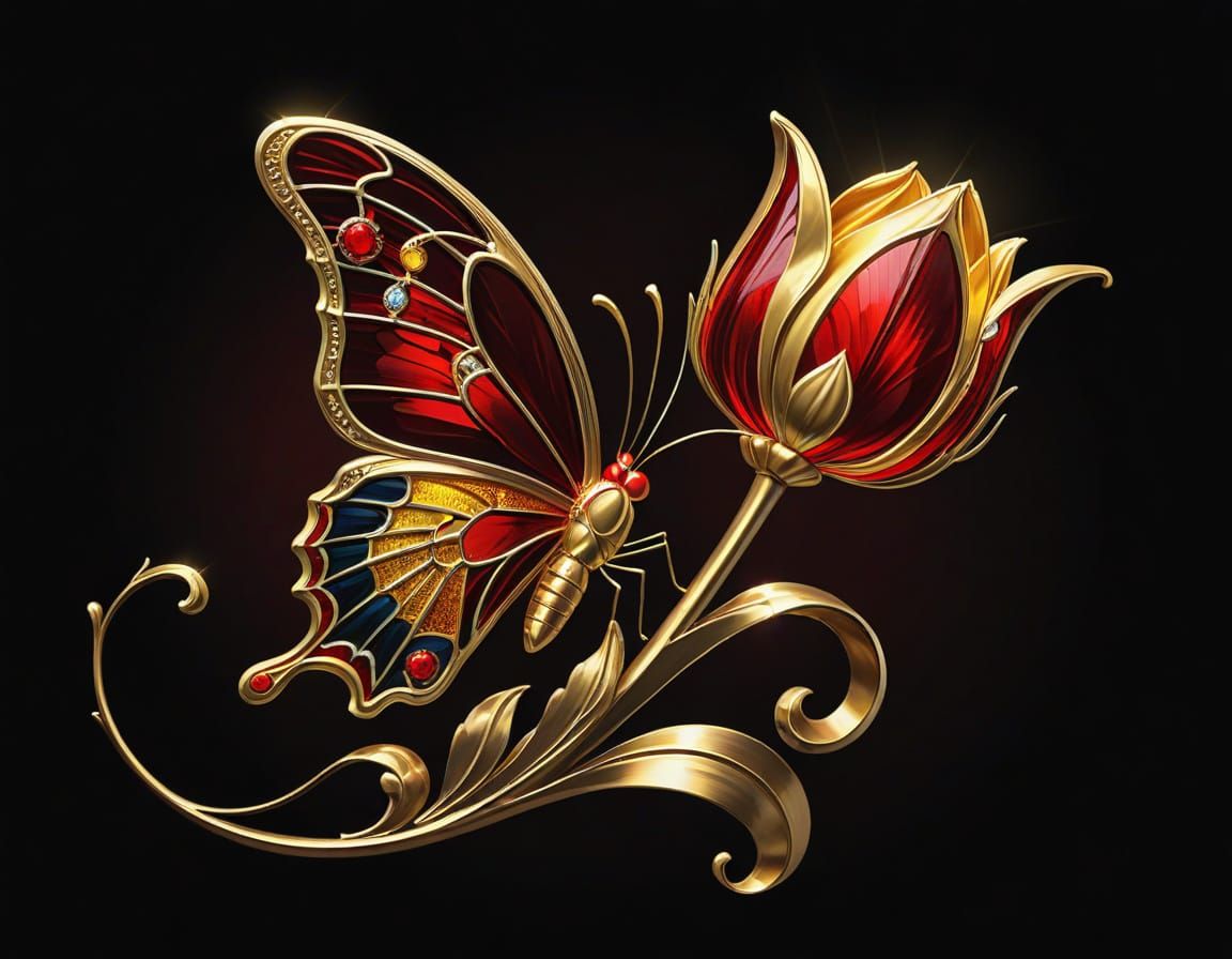 Gold Stained Glass Butterfly on Tulip in Dark Art Style