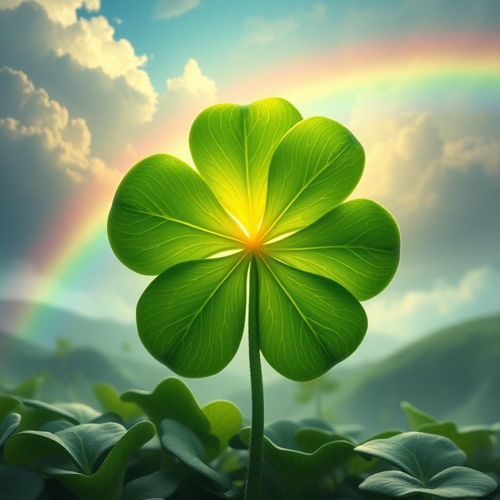 Luminous Four-Leaf Clover Amidst a Vibrant Rainbow