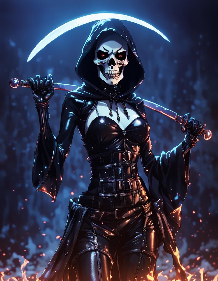Surreal Anime Waifu Hybrid Grim Reaper Pinup in Dark Liquid...