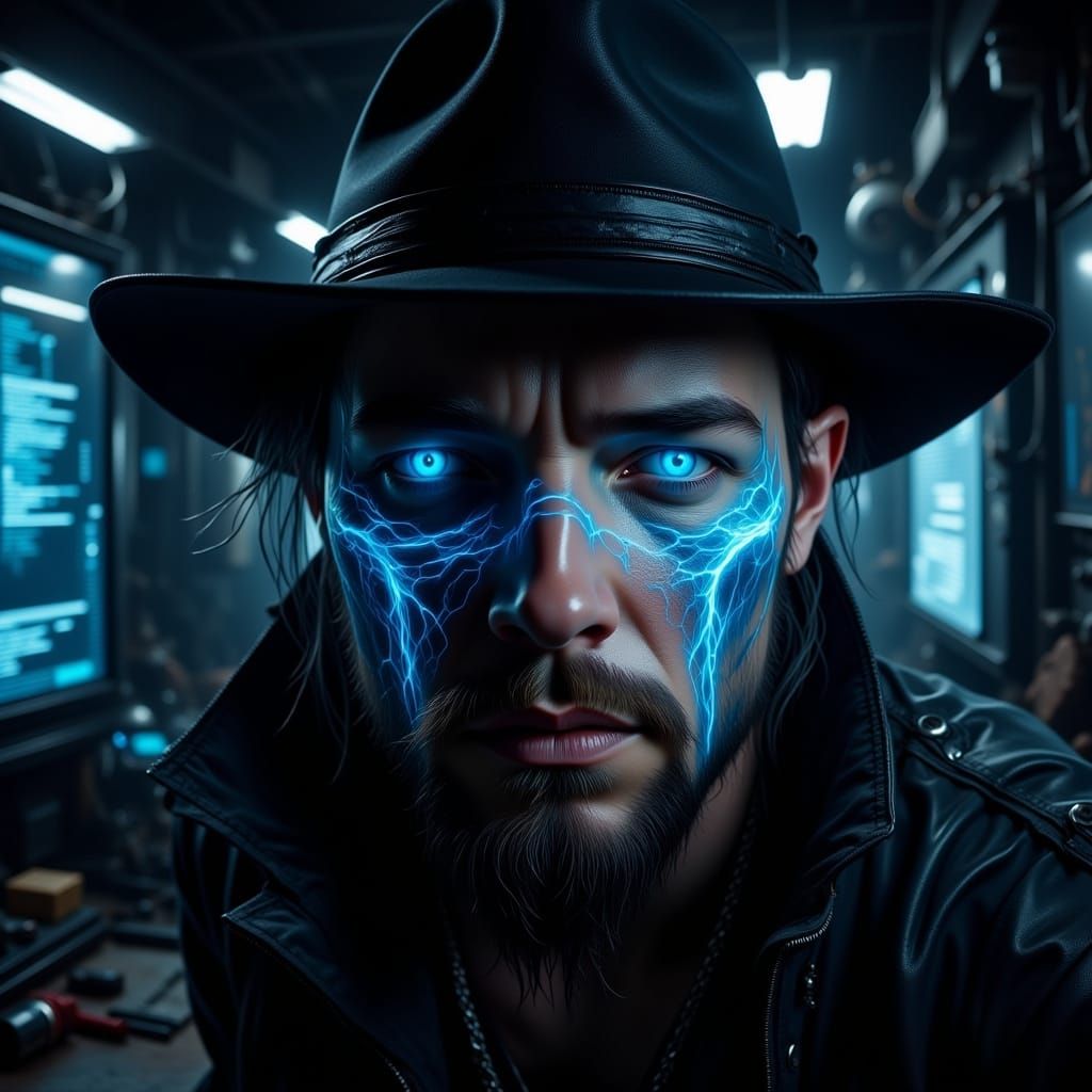 Hyper-Realistic Man Portrait with Blue Screen Light and Shad...