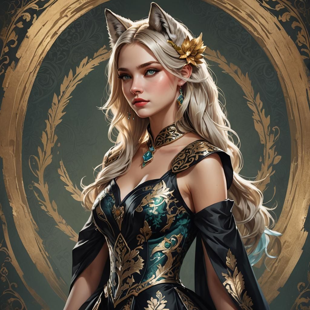 Surreal Fantasy Girl with Wolf Ears and Tail in Elegant Prom...