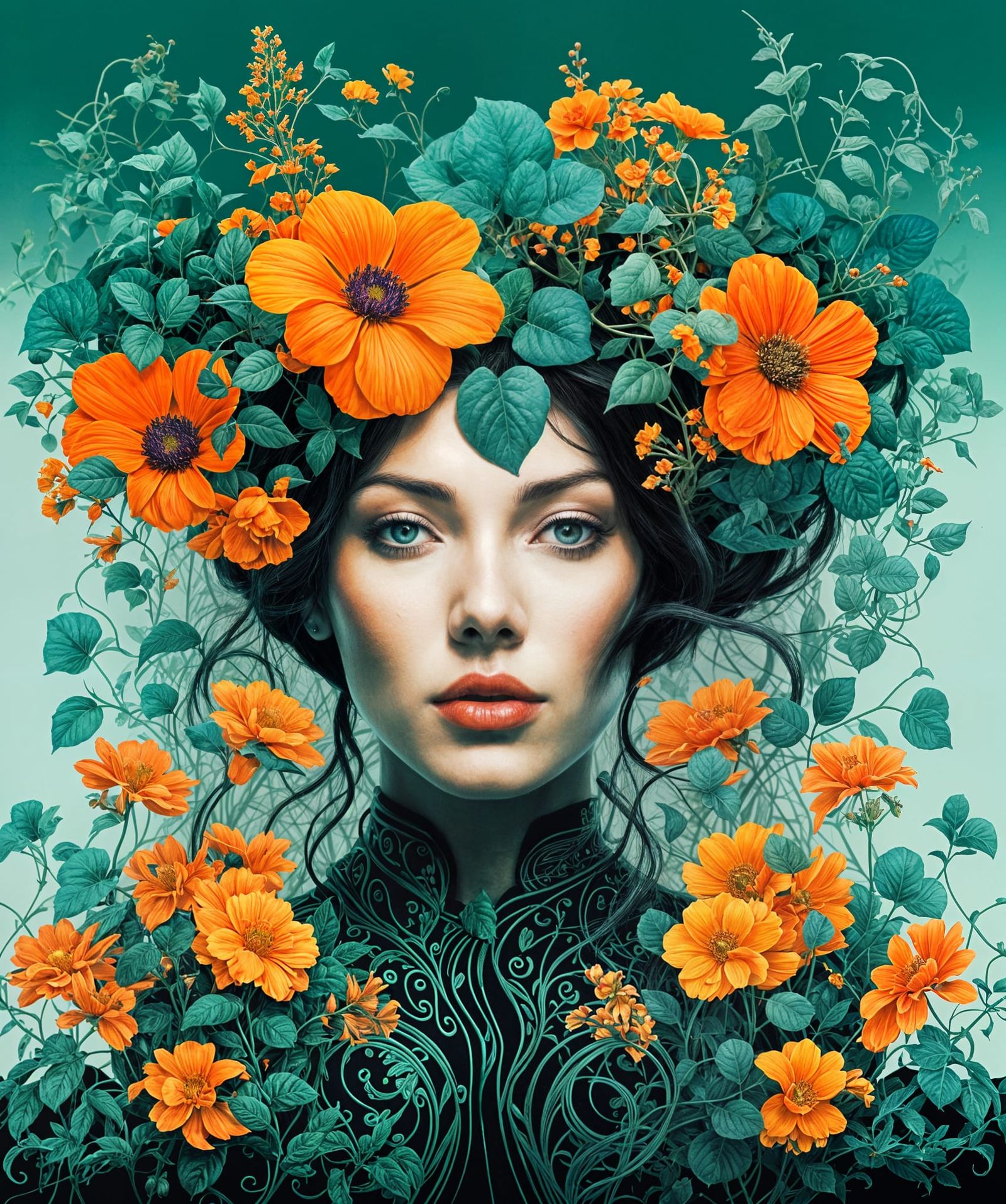 Intricate Floral Portrait in Luminous Teal and Vibrant Orang...