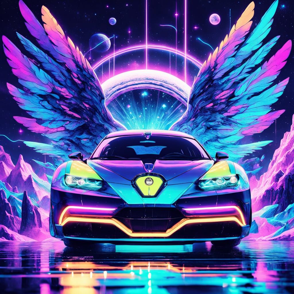 Surreal Cosmic Bugatti in Flight