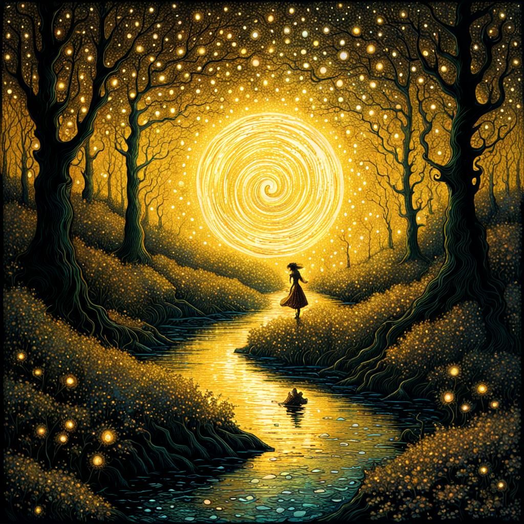Surreal Dreamscape with Golden Vortex in a Whimsical Realm