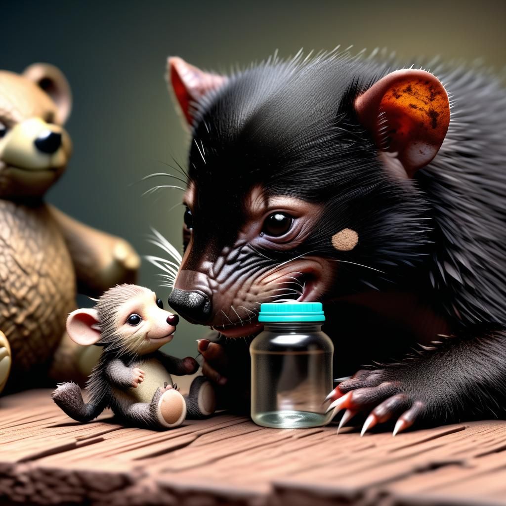Snuggled Tasmanian Devil with Teddy Bear in Hyperrealistic H...