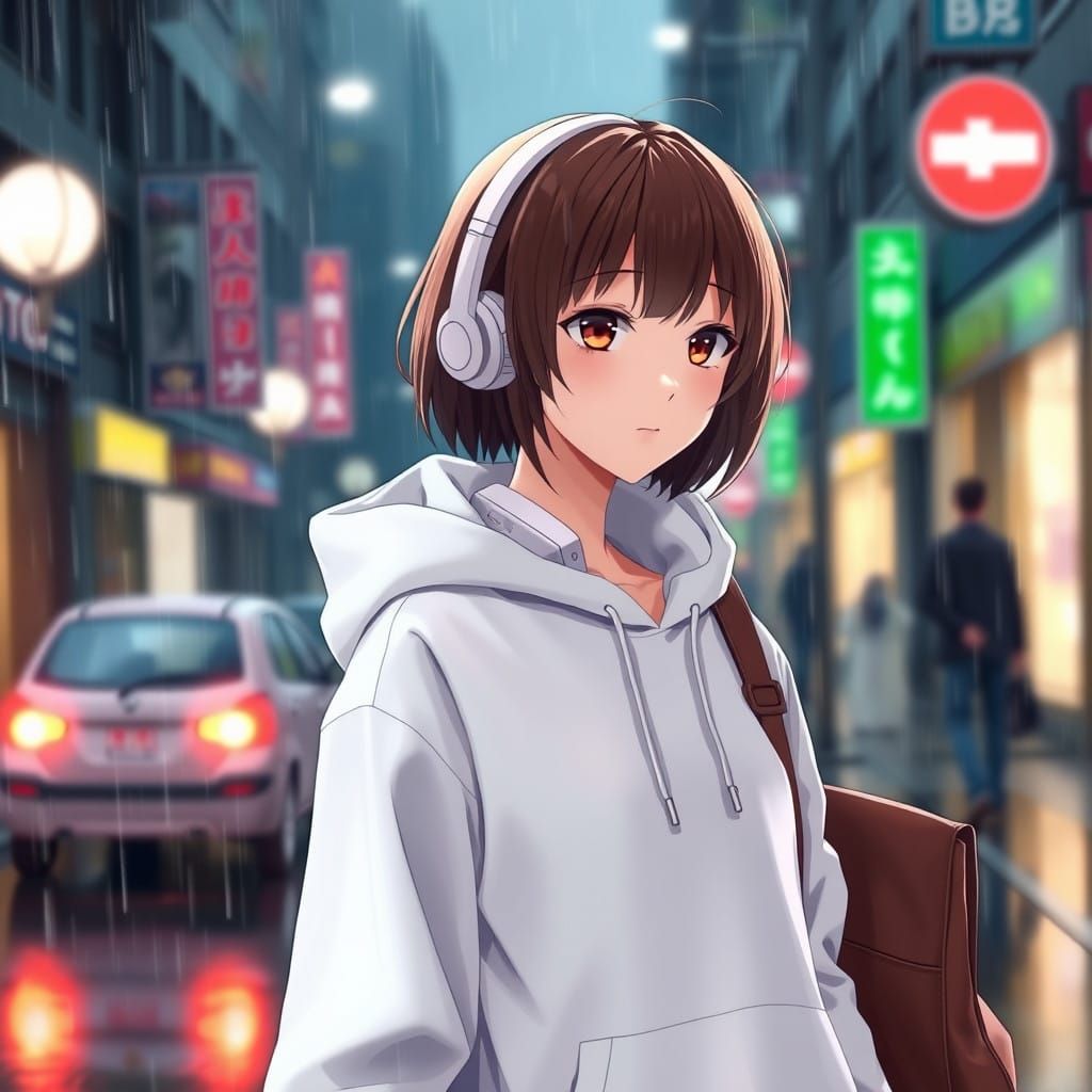 Serene City Girl in Rainy Urban Scene