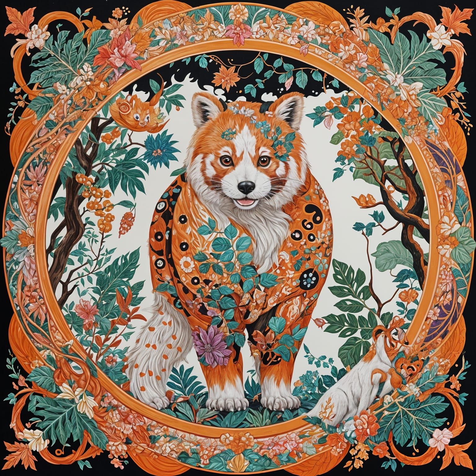 Red Panda Family on Hermes Silk Scarf