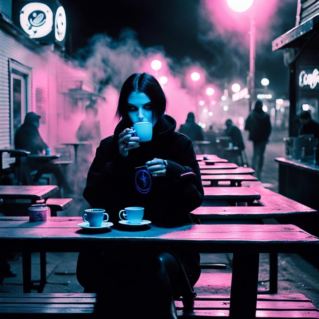 Goth Fashion Model Amidst Neon Lights in a Coffee Shop Ambie...