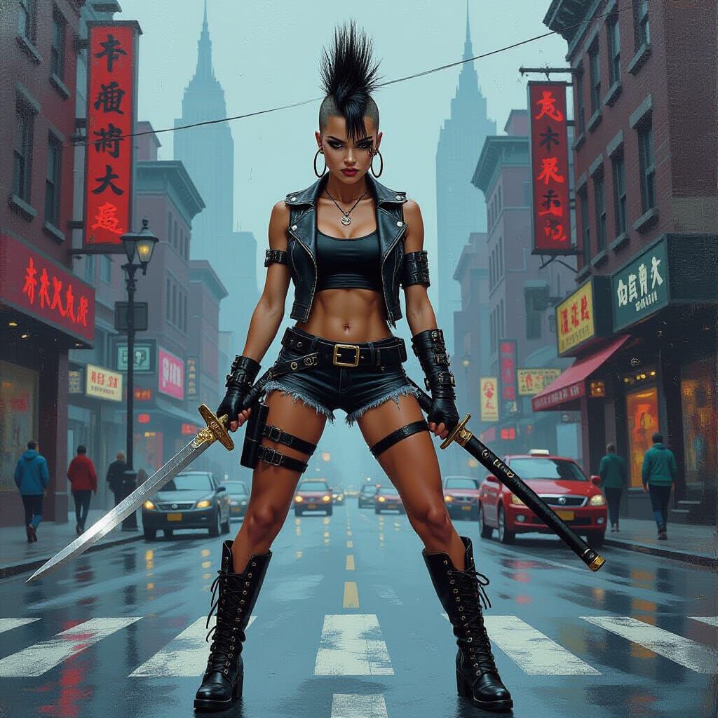 Punk Anarchist in Fantasy City, Oil Painting Style