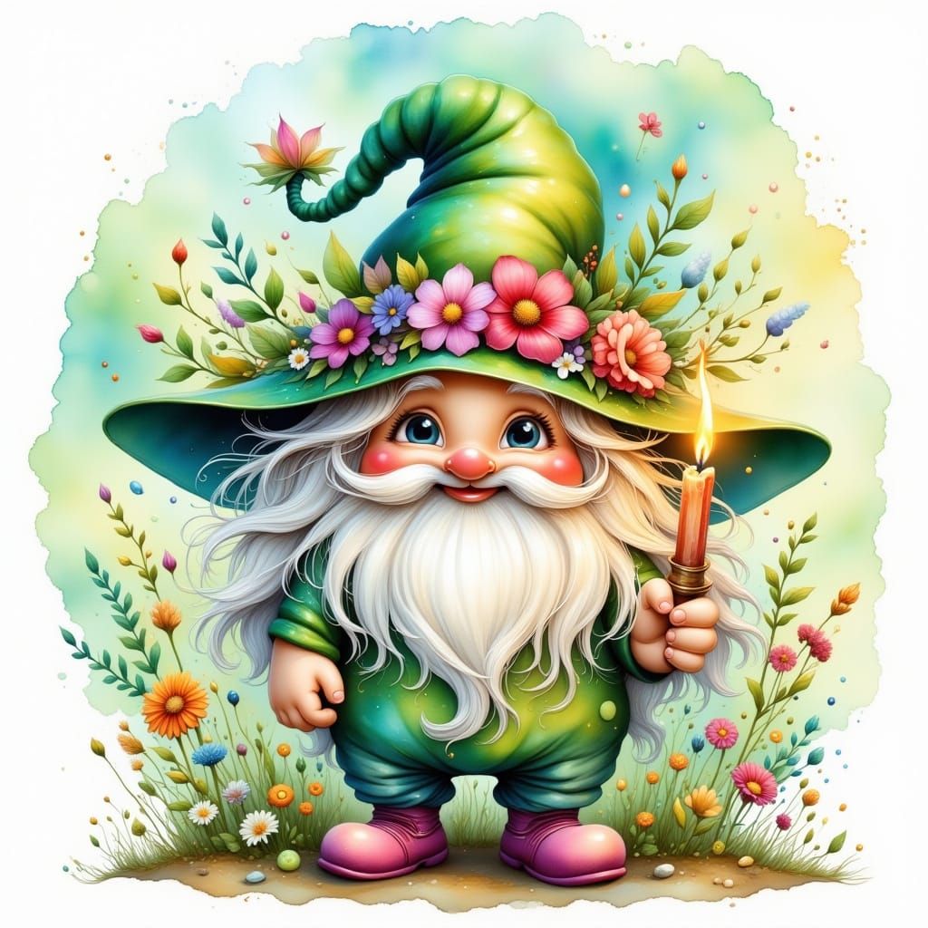 Whimsical Gnome in Vibrant Floral Garden